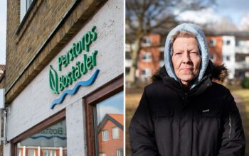 En tvådelad bild som visar en husfasad med skylten Perstorpsbostäder samt en äldre kvinna med blåa ögon, tatuering vid ena ögat, piercing i näsan och blå luva uppdragen över huvudet.