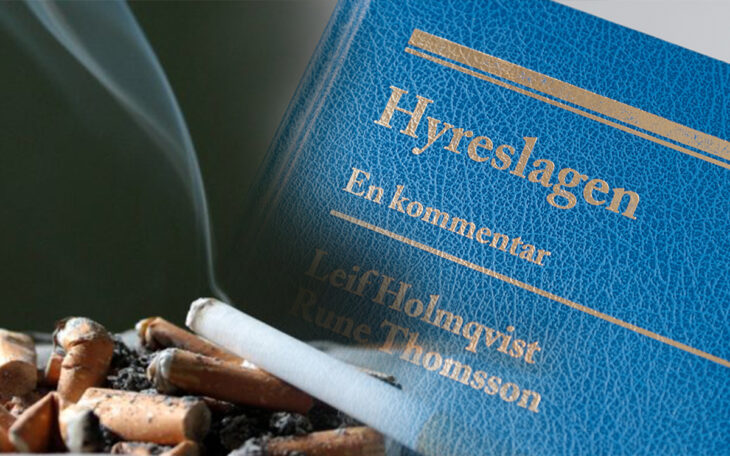 Ett kollage av två bilder. Den ena en cigarett i ett askfat med fimpar. Den andra en blå bok med texten Hyreslagen i guld.