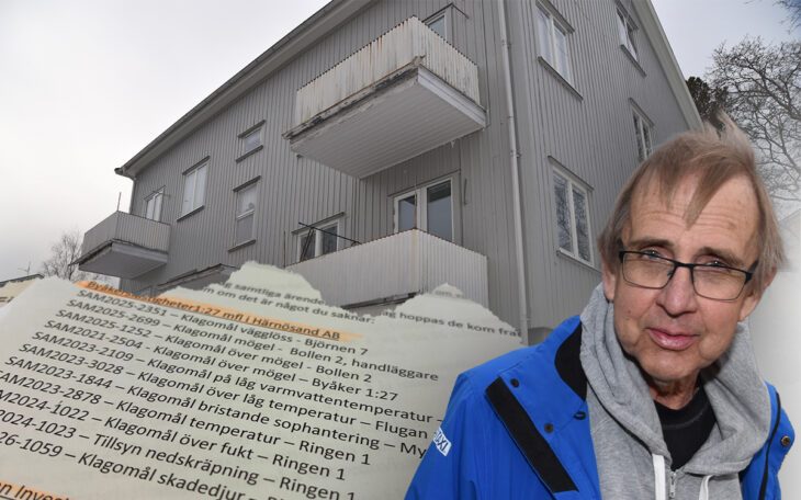 Ett montage av tre bilder som föreställer ett hus från utsidan, ett dokument med listade klagomål och en man i pensionsåldern med glasögon.