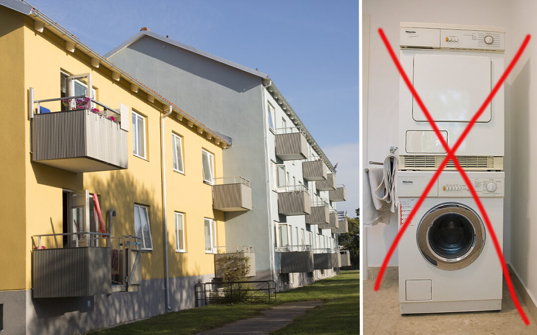 Bild på hyreshus på Gotland och på en överkryssad tvättmaskin