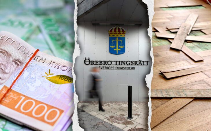 Ett kollage av tre bilder föreställandes tusenlappar, Örebro tingsrätt och ett vattenskadat golv.