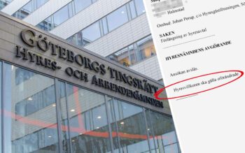 En tvådelad bild som visar en byggnad med texten "Göteborgs tingsrätt", "Hyres- och arrendenämnden" samt ett faksimil från ett beslut från hyresnämnden med texten "Saken: förlängning av hyresavtal", "Hyresnämndens avgörande: ansökan avslås. Hyresvillkoren ska gälla oförändrade", samt en röd ring kring det sista.