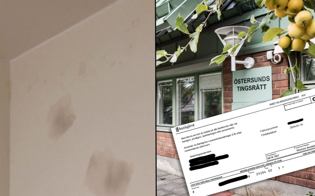 Montage med tre bilder: En på en flammigt målad vägg, en exteriörbild på tingsrätten i Östersund och en bild på en räkning.