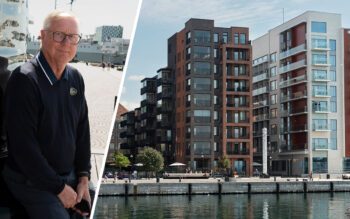 En tvådelad bild som visar en man med vitt hår och glasögon som sitter vid en skulptur i silverfärgat material samt moderna flervåningshus vid en kaj vid havet.