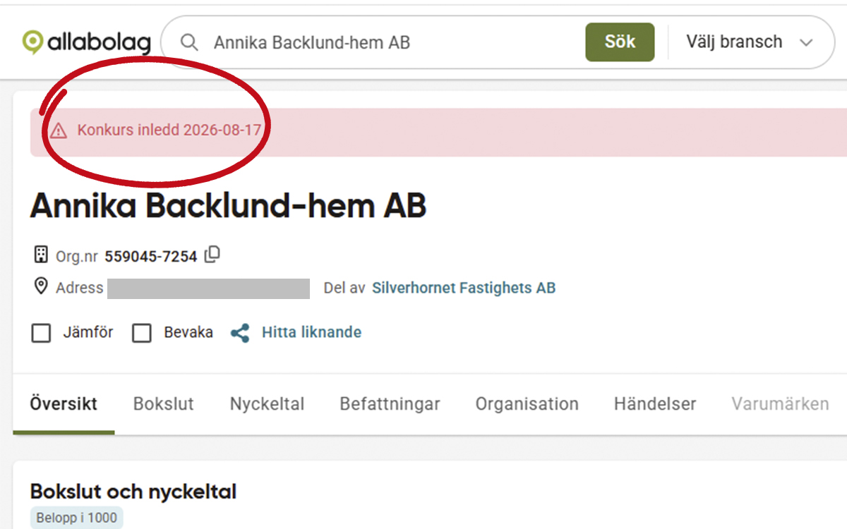 Skärmdump från Allabolag.se där övre delen av sidan om Annika Backlund-hem AB syns. I en ljusröd balk upptill står "Konkurs inledd 2026-08-17", texten har ringats in med en röd ring. Ett av AB-hem-bolagen har försatts i konkurs då det har mångmiljonskulder till staten och inte kan betala tillbaka dem. Men det bolag som gått i konkurs äger inga hyresfastigheter.
