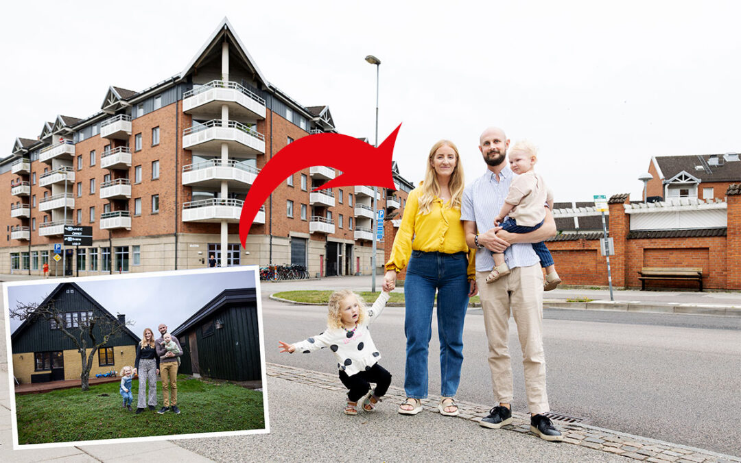 Malin och Fredrik van Bruggen tillsammans med sina två barn utanför lägenheten i Lund.