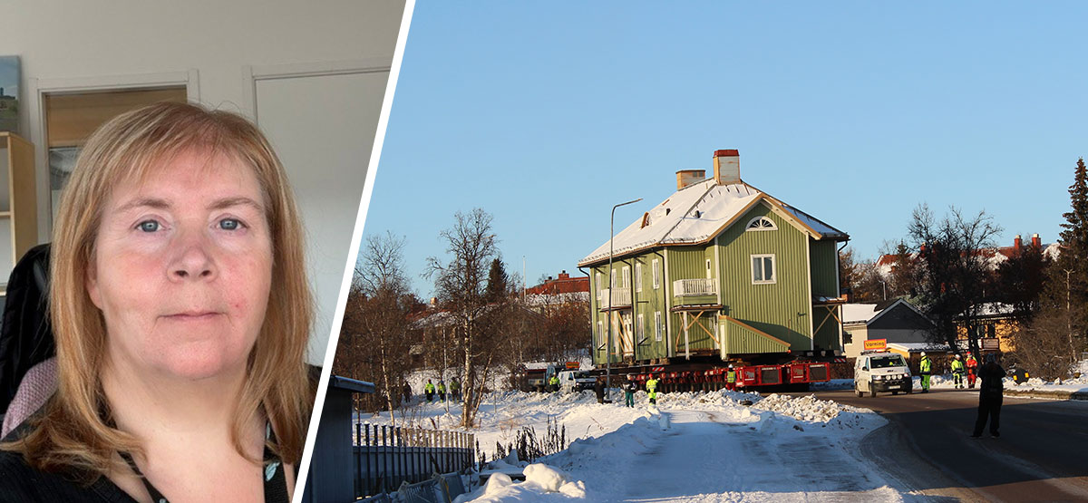 Hyresgarantier. Porträtt på Petra Töyrä och bild på hus som flyttas i Kiruna.