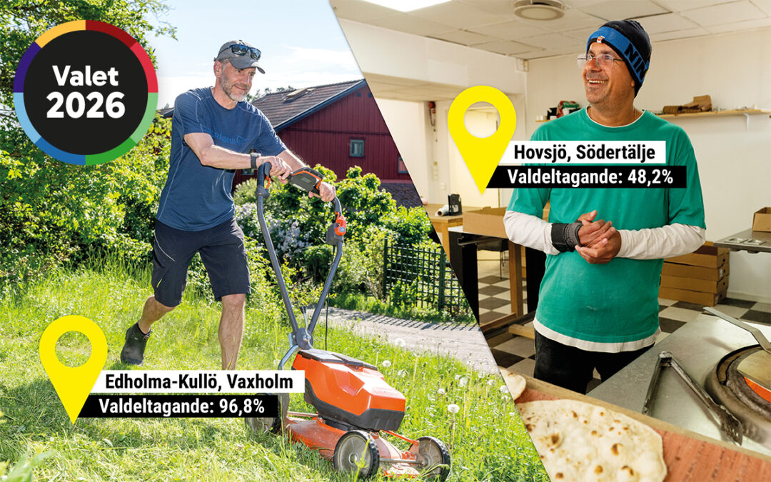 Bilden illusterar hur mycket valdeltagandet kan skilja sig åt i två olika områden.
