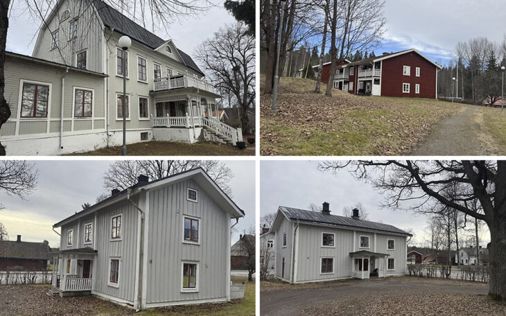 Fyrdelad bild. Ö t v huvudbyggnaden i den historiska bergmansgården, i gråmålat trä med vita detaljer, ö t h: rödmålat trähus med vita knutar från 1990, n t v och n t h: gråmålade sidobyggnader i trä som är en del av bergmansgården. Ett antal av AB-hems hyreshus i Kopparberg skulle tvångssäljas av Kronofogden 8 september, men auktionen har nu ställts in.