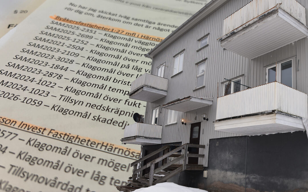 Ett gråmålat slitet trähus monterat med en bakgrund av papper med klagomålslista.