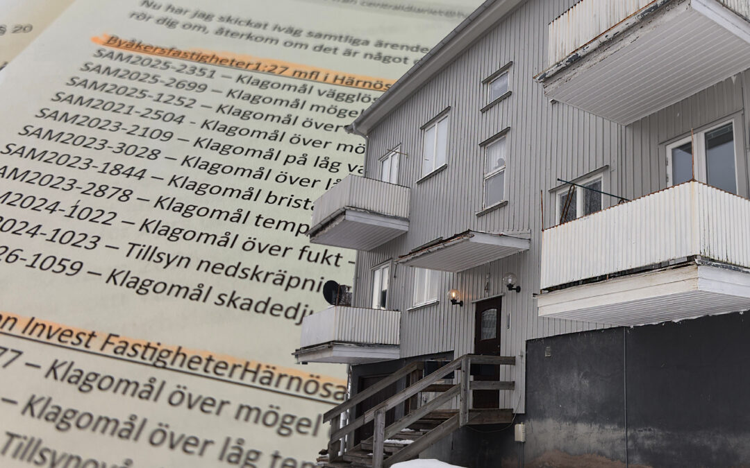 Ett gråmålat slitet trähus monterat med en bakgrund av papper med klagomålslista.