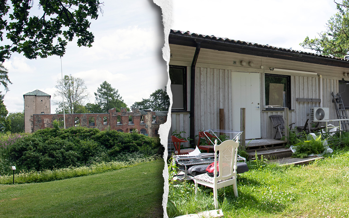Gräfsnäs slottsruin och hyreshusen på Antenvägen. 