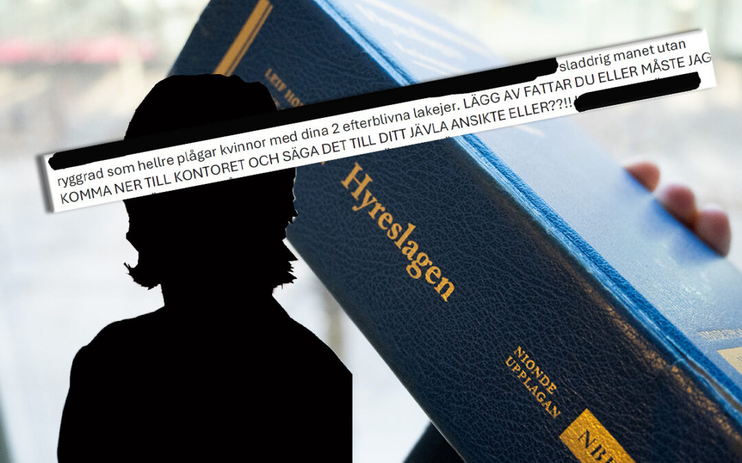 Bilden visar ett montage av hyreslagen som bok, en silhuett och ett urklipp från ett av kvinnans mejl.