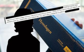 Bilden visar ett montage av hyreslagen som bok, en silhuett och ett urklipp från ett av kvinnans mejl.