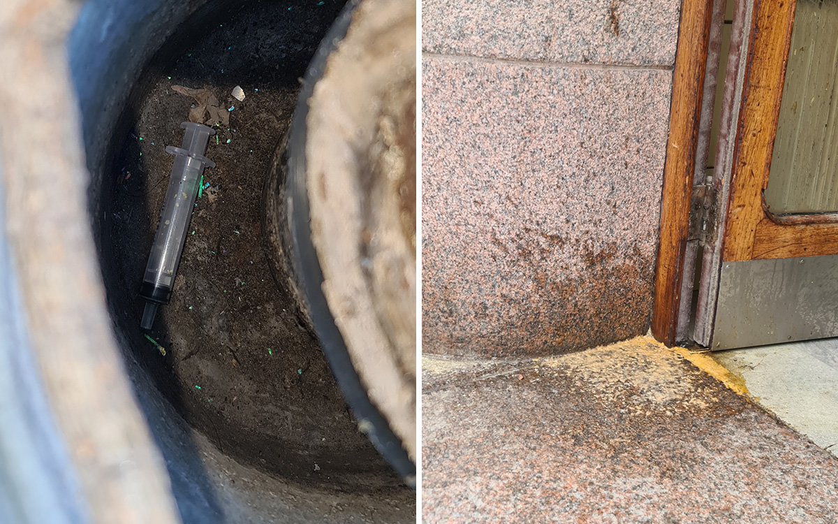 Spya i porten och kanyler i en blomkruka i entrén. Adressen på Gärdet har varit känd för polisen - både droghandel, häleri och sexköp har anmälts här.