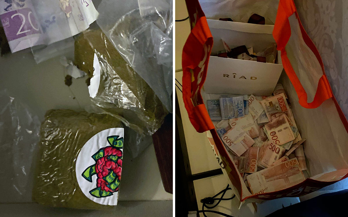 En tvådelad bild som visar narkotika i form av cannabisharts i en skrivbordslåda samt en Willys-påse med kontakter.