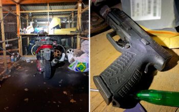En tvådelad bild som visar ett garage med en motorcykel i samt en pistol som ligger på en hylla.