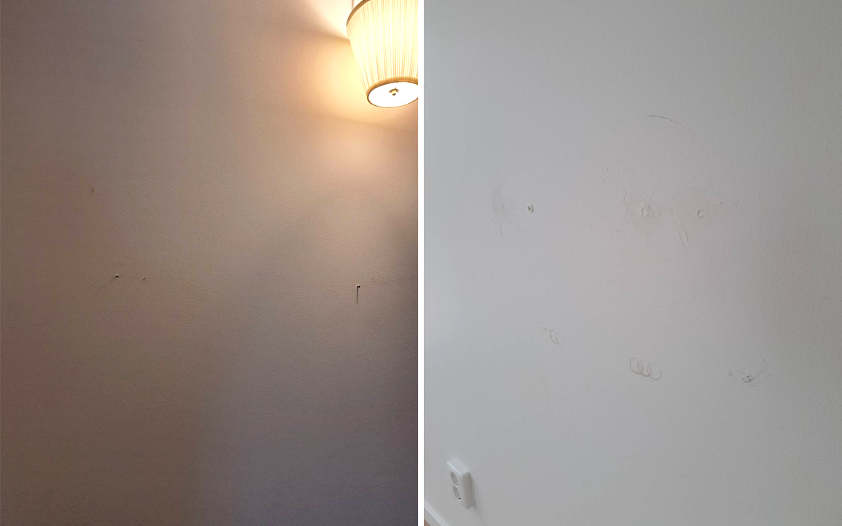 Bilden är ett montage av två bilder som visar skador i lägenheten.