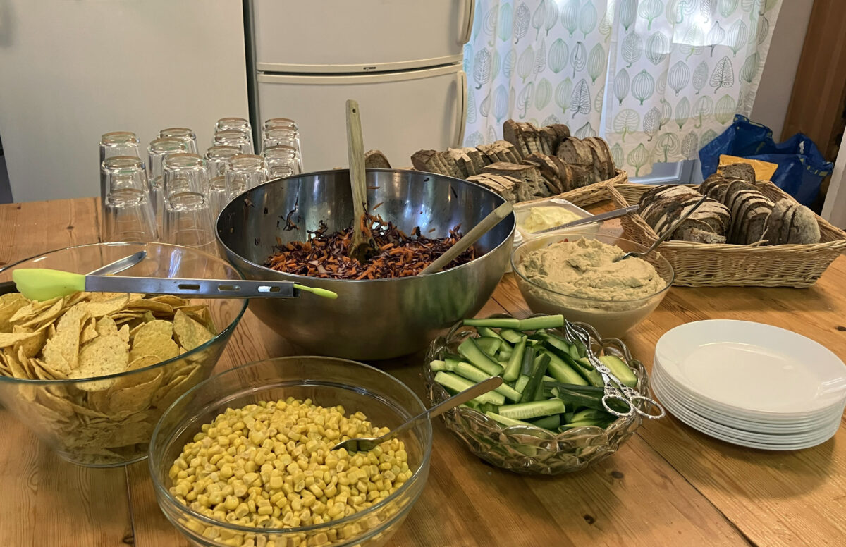 Skålar med mat är uppdukade på ett bord: Rödkåls- och äppelsallad, majs, tortillachips, gurkstavar, hummus och bröd.