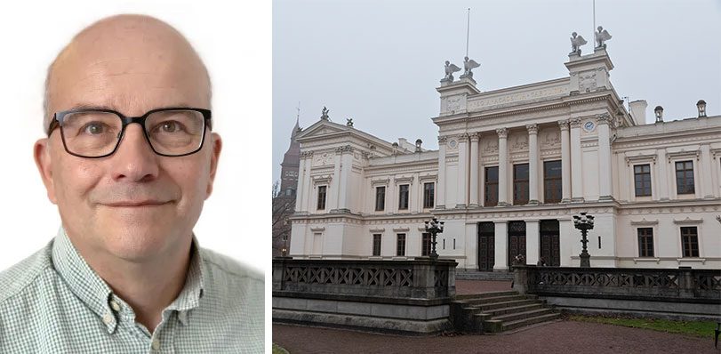 En tvådelad bildsom visar en man med skjorta och glasögon samt en ståtlig, vit byggnad i antikinspirerad stil.