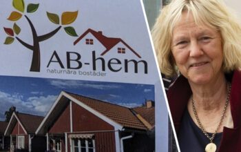 Närbild på affisch med AB-hems logga som består av hus och träd förutom texten AB-hem, med underrubriken naturnära bostäder. Infälld till höger en porträttbild på Annika Backlund i ljust hår i page, vinröd jacka/kavaj, ett halsband med mässningsfärgad kedja och runt hänge, mörkblå topp. Ett av hyresvärdens AB-hems bolag hotas av konkurs.