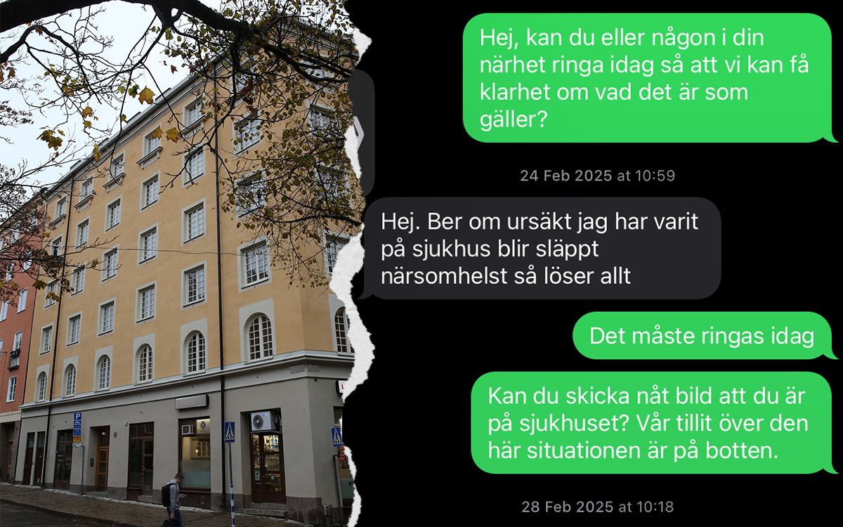 Bild som visar hus där lägenhet används i misstänkt bedrägeri. Sms-konversation till höger.