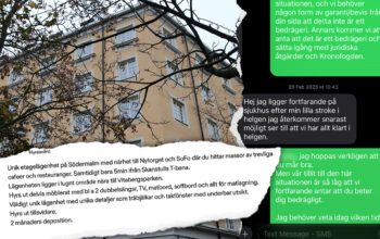 Bild som visar hus där lägenhet används i misstänkt bedrägeri. Annons till vänster. Sms-konversation till höger.