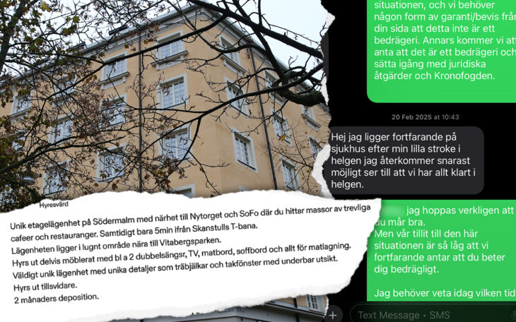Bild som visar hus där lägenhet används i misstänkt bedrägeri. Annons till vänster. Sms-konversation till höger.