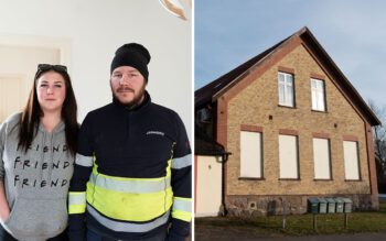 En tvådelad bild som visar en ung man och en ung kvinna i ett rum samt ett tvåvåningshus i gult tegel.