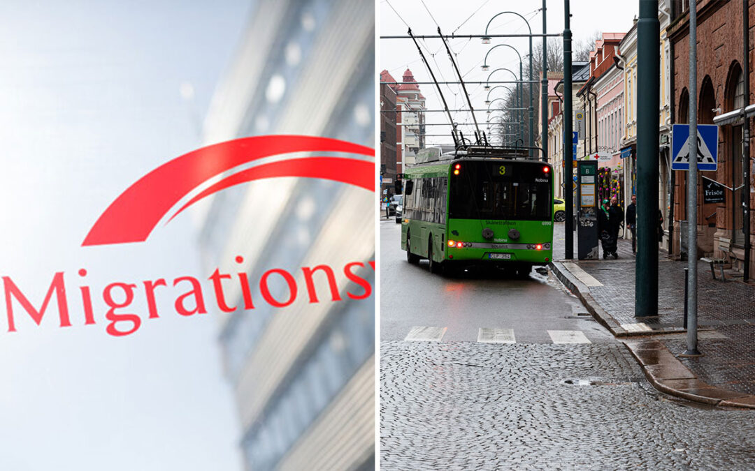 En tvådelad bild som visar en glasdörr med texten Migrationsverket och en byggnad i bakgrunden samt en stadsgata med en grön trådbuss.