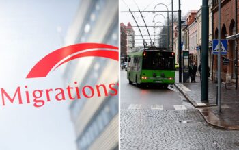 En tvådelad bild som visar en glasdörr med texten Migrationsverket och en byggnad i bakgrunden samt en stadsgata med en grön trådbuss.