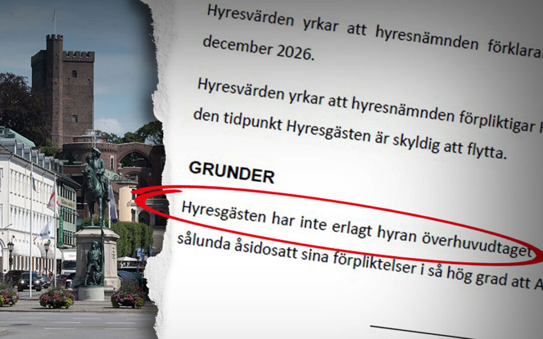 En tvådelad bild som visar en vy över Helsingborg samt ett faksimil från en ansökan till hyresnämnden där värden påstår att hyresgästen aldrig betalat någon hyra för lägenheten och därför ska sägas upp.