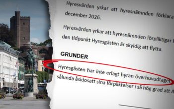 En tvådelad bild som visar en vy över Helsingborg samt ett faksimil från en ansökan till hyresnämnden där värden påstår att hyresgästen aldrig betalat någon hyra för lägenheten och därför ska sägas upp.