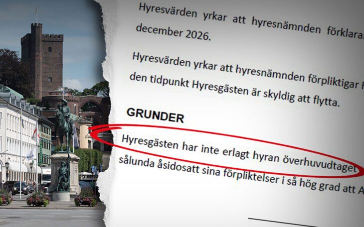 En tvådelad bild som visar en vy över Helsingborg samt ett faksimil från en ansökan till hyresnämnden där värden påstår att hyresgästen aldrig betalat någon hyra för lägenheten och därför ska sägas upp.