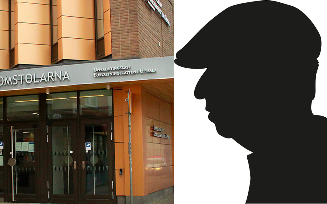 Till vänster en bild på entrén till Uppsala tingsrätt. Till höger en svart silhuett på en äldre man i keps.