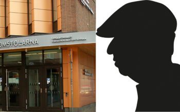 Till vänster en bild på entrén till Uppsala tingsrätt. Till höger en svart silhuett på en äldre man i keps.