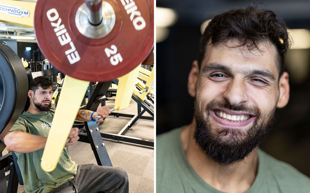 Adam-mellouk-två Adam Mellouk som styrketränar samt en porträttbild.