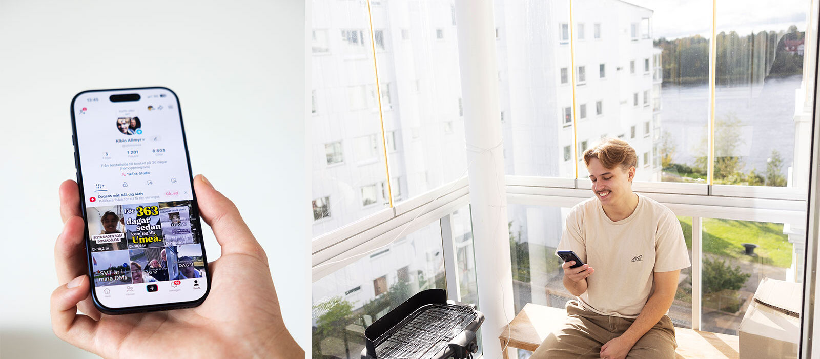 Albin Allmyr på balkongen vid sin nya lägenhet, som han fick via tiktok.