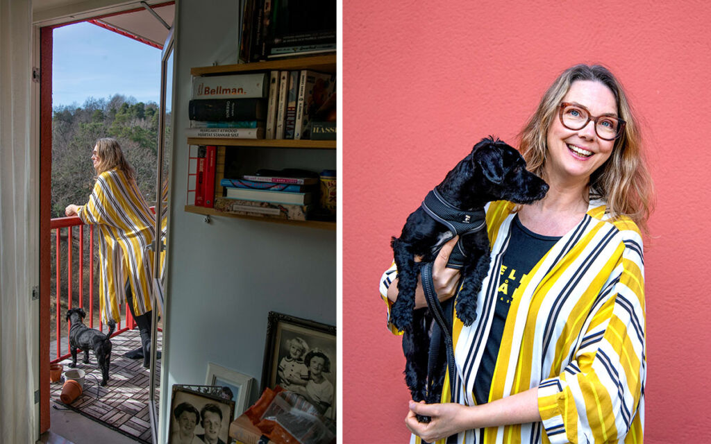 anna-balkong-ute Anna Blomberg på balkongen och utanför huset med hunden.