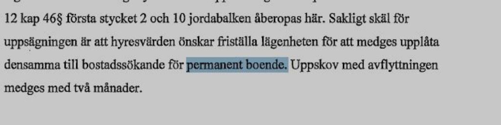 Dokument från hyresnämnden visar att Balder hävdade att lägenheten skulle användas till permanent boende.