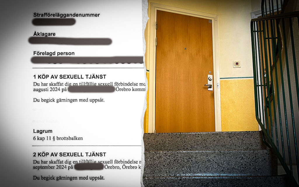 Bilden visar dels en trappuppgång, dels ett utdrag från ett strafföreläggande gällande köp av sexuell tjänst.