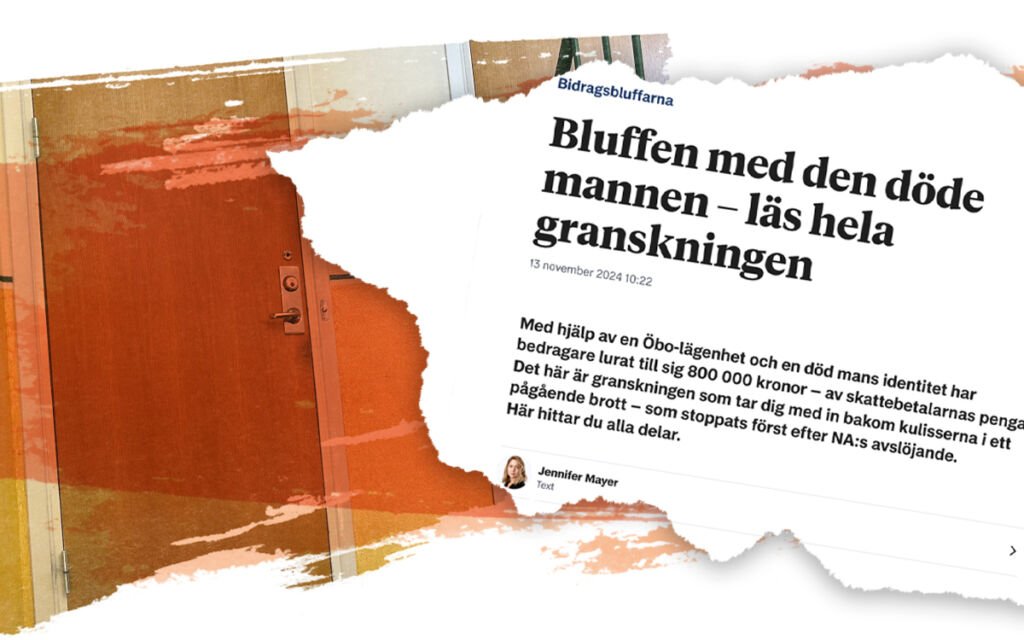 Bild där ytterdörrar i en trappuppgång syns svagt. Mest framträdande är ett pappersriv från en artikel i Nerikes Allehanda.