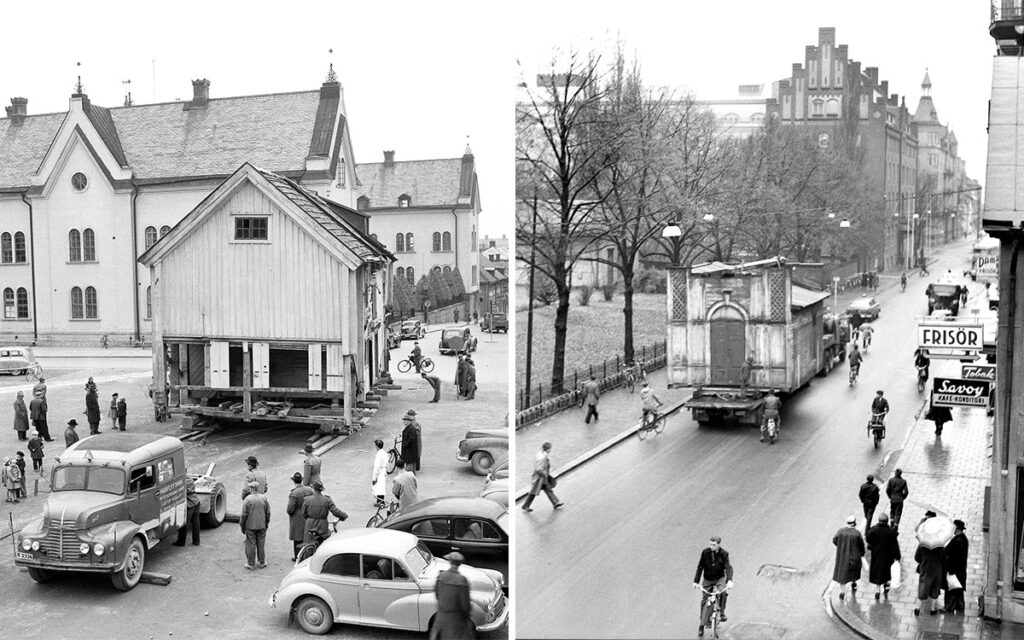 Den 4 november år 1953 flyttas Handelsboden (till vänster) till Gamla Linköping från Storgatan. 1958 var det dags för en paviljong som då antogs vara Grand hotells serveringspaviljong att göra samma resa.