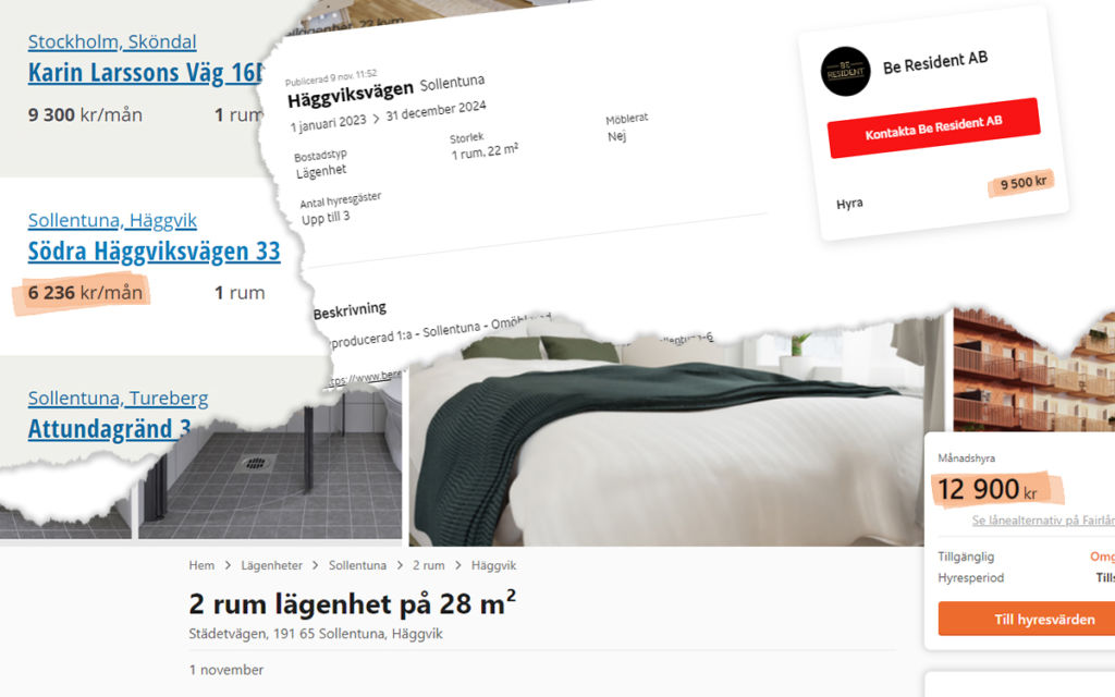 Blockuthyrning. Lägenhetsannonser visar på hyror mellan 6 200 och 12 900 för ettorna i Häggvik.