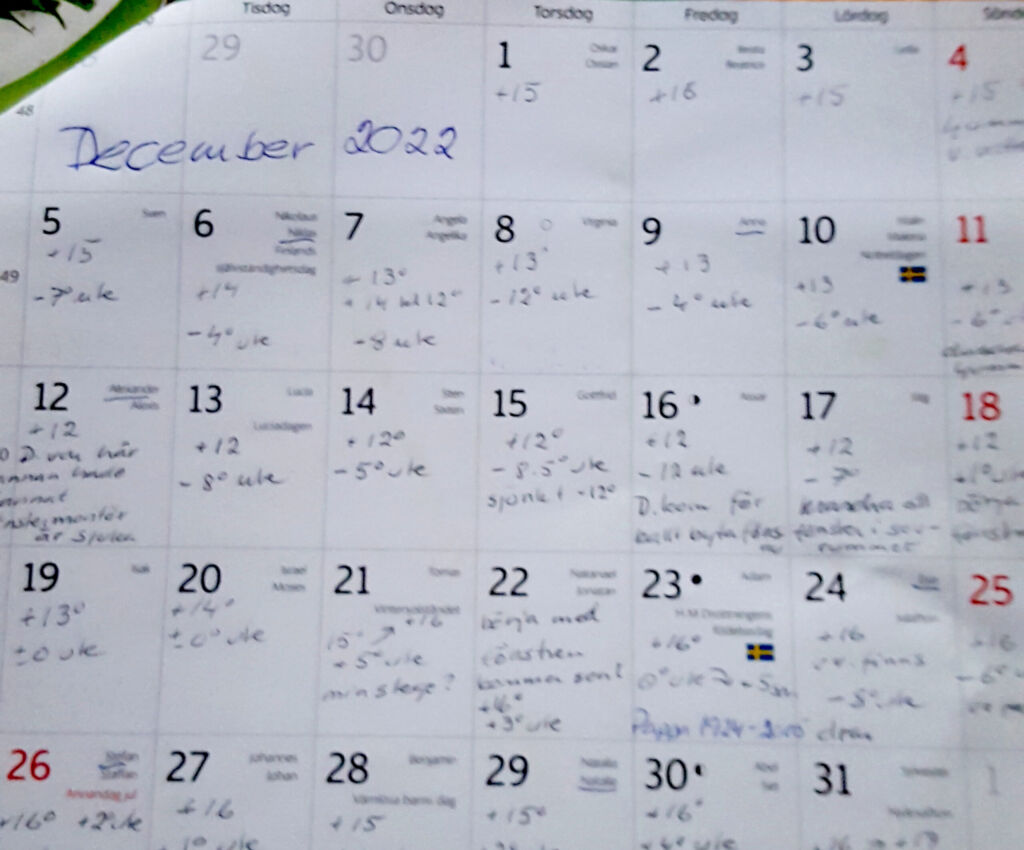 En kalender över december månad med handskrivna temperaturer varje veckodag.